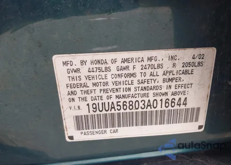 2003 Acura Tl 3.2 Type S from USA, damaged, VIN 19UUA56803A016644